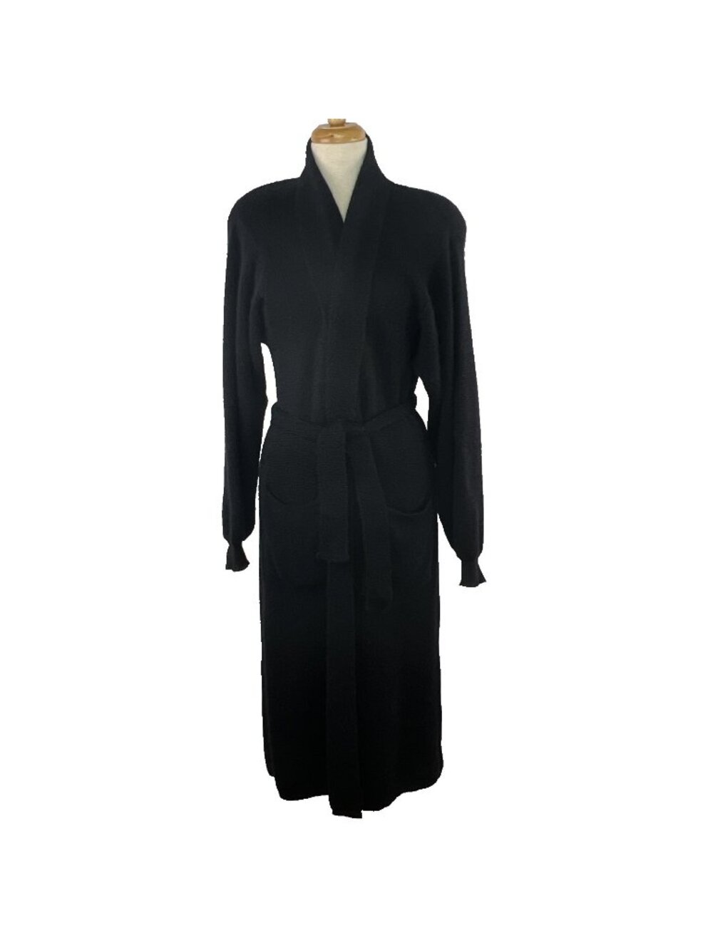 Vtg Brenda French Sz L Black Long Open Front Belted Cardigan Mohair Wool Blend